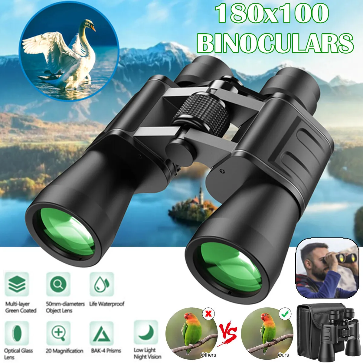 180x100 High Power Military Binoculars：for Bird Watching, Hunting, Travel, Sports, Stargazing